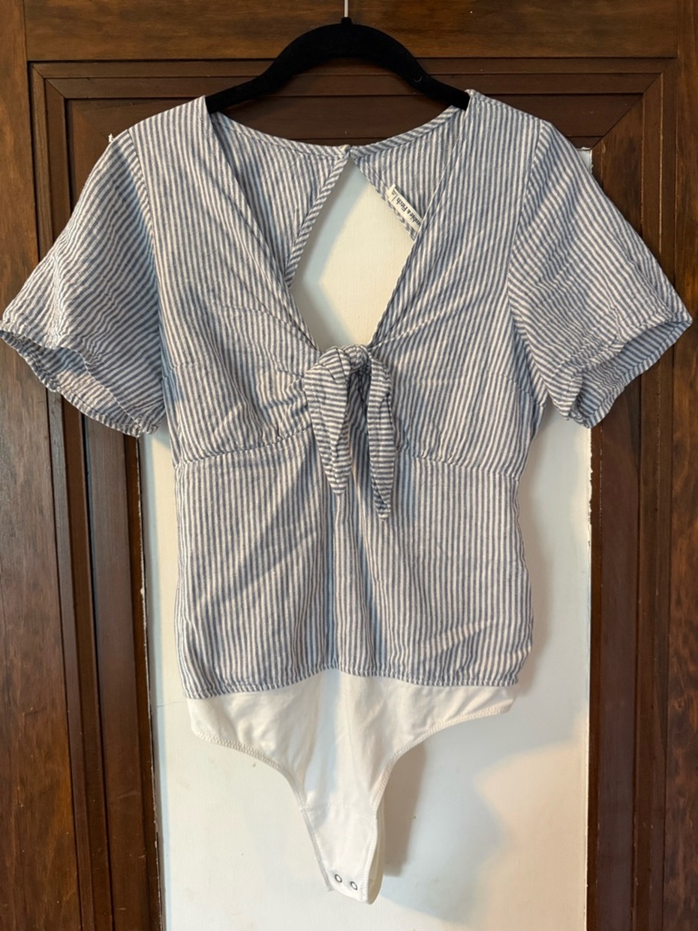 Abercrombie & Fitch Blue and White Striped Tie-Front Bodysuit